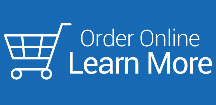 white pushcart beside order online and learn more phrase on blue background